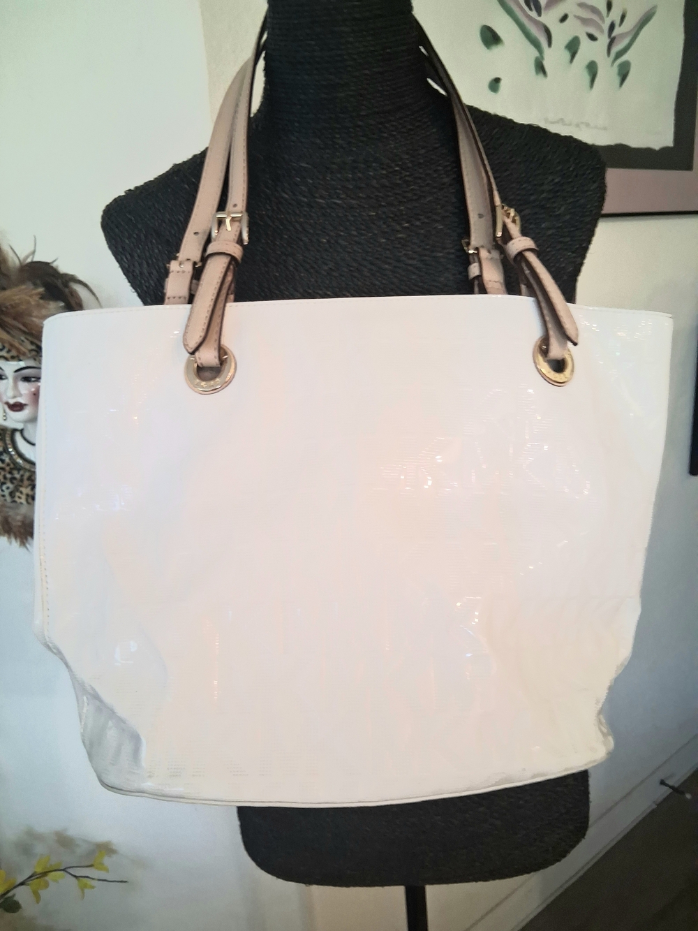 Michael Kors White Patent Tote Bag with Neutral Straps